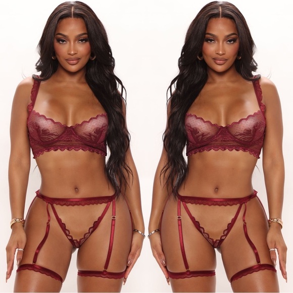 FASHION NOVA ✦ 3‑Piece Intimates Set ✦ Wine Red Lace Bustier Top Thong Garter NW - Picture 3 of 9
